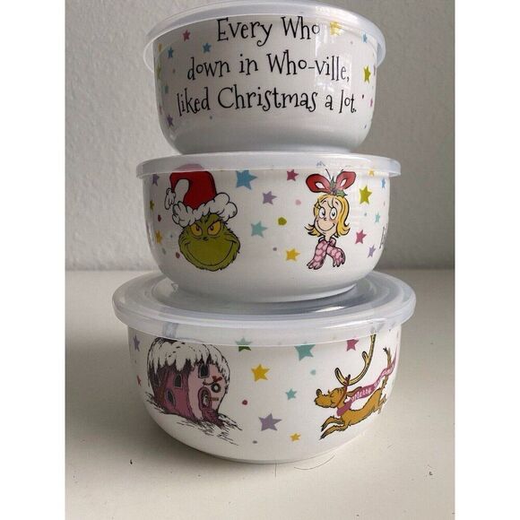 Set Of 3 Grinch Whoville Christmas Ceramic Storage Bowl Container Pressure Lid - Picture 1 of 12